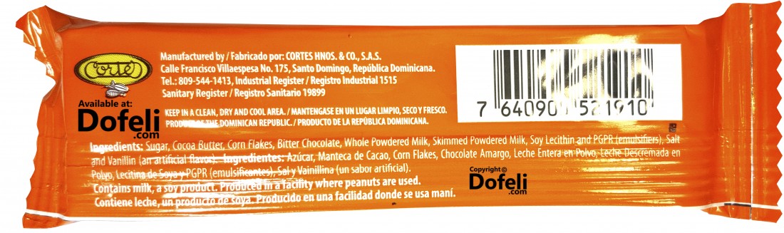 Sweet Dominican Fleiki Republic chocolate bar with crispy corn flakes made with premium milk chocolate by Cortés Hermanos.